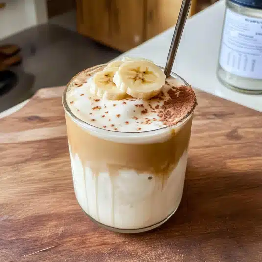 Banana Bread Latte topped with banana slices and dusted with cinnamon, featuring layered milk and espresso for a rich