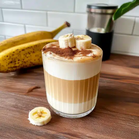 A cozy Banana Bread Latte topped with banana slices and dusted with cinnamon, featuring layered milk and espresso for a rich, bakery-inspired coffee drink.