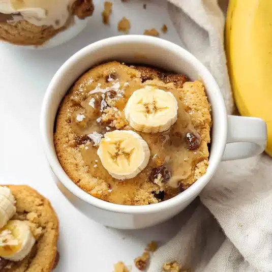 banana mug cake topped with banana slices and chocolate chips served in a ceramic mug with a spoon.