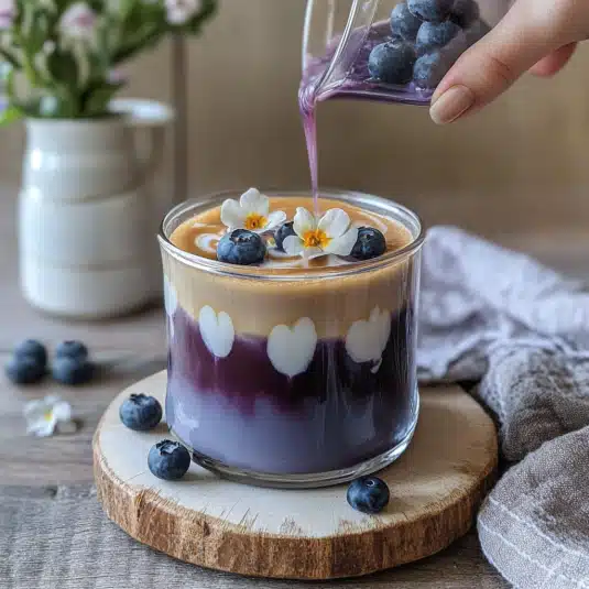 Iced blueberry latte layered with blueberry syrup, milk, and espresso, garnished with fresh blueberries and chamomile flowers on a wooden board