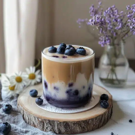 Iced blueberry latte layered with blueberry syrup, milk, and espresso, garnished with fresh blueberries