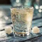 A sparkling glass of mineral water on a rustic wooden table, representing the Celtic Salt Trick hydration method.