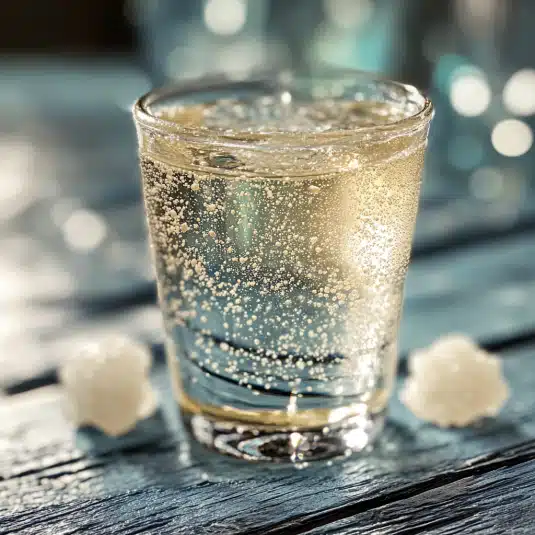 A sparkling glass of mineral water on a rustic wooden table, representing the Celtic Salt Trick hydration method.