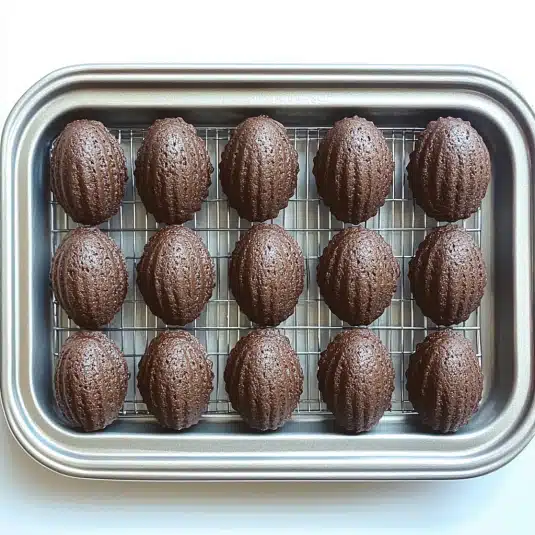 Freshly baked chocolate madeleines cooling on a wire rack inside a silver baking pan, arranged in neat rows showcasing their signature shell pattern and rich cocoa color.