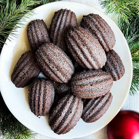 A plate of rich chocolate madeleines with a slightly crisp edge and soft, moist center, arranged neatly on a white plate, surrounded by festive pine branches and a red ornament.