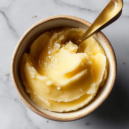 Creamy homemade honey butter in a ceramic bowl with a golden spoon, perfect for spreading on warm biscuits, pancakes, or toast.