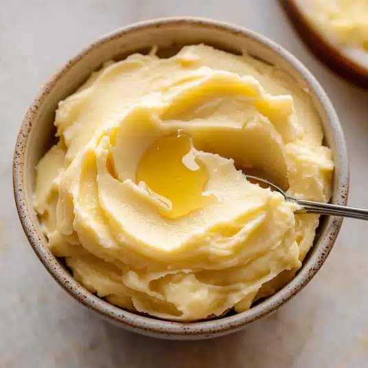 A bowl of creamy Honey Butter topped with a drizzle of golden honey and a spoon resting inside, showcasing its smooth and fluffy texture.