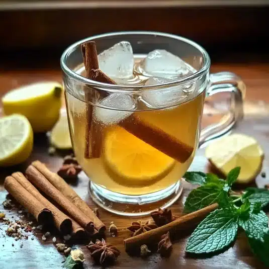 A refreshing glass mug filled with iced herbal tea garnished with fresh mint leaves, lemon wedges, cinnamon sticks, and ice cubes