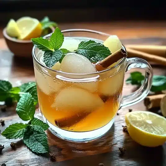 A refreshing glass mug filled with iced herbal tea garnished with fresh mint leaves, lemon wedges, cinnamon sticks, and ice cubes, placed on a wooden surface surrounded by mint, lemons, and spices.