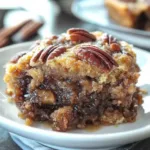 Close-up of a gooey pecan pie dump cake slice topped with toasted pecans