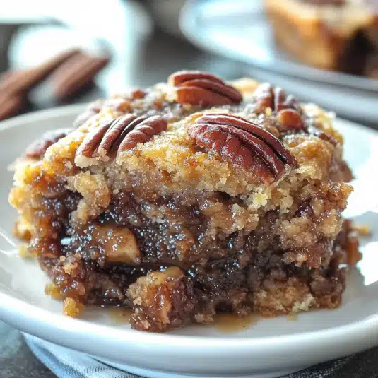 Close-up of a gooey pecan pie dump cake slice topped with toasted pecans