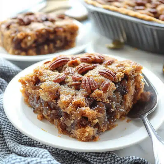 Close-up of a gooey pecan pie dump cake slice topped with toasted pecans, served on a white plate with a spoon beside it.