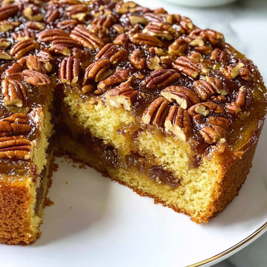 Moist pecan upside down cake recipe with a rich caramel layer, topped with glossy toasted pecans and a buttery glaze, served on a white plate.