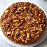 A golden pecan upside-down cake topped with caramelized pecans and glossy brown sugar glaze, sitting on a white serving plate.