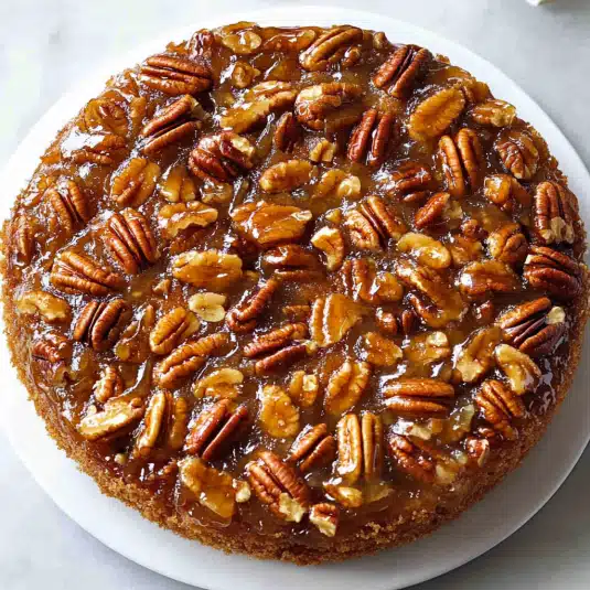 A golden pecan upside-down cake topped with caramelized pecans and glossy brown sugar glaze, sitting on a white serving plate.