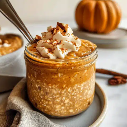 Creamy pumpkin overnight oats in a glass jar topped with whipped cream and cinnamon, the perfect cozy no-cook fall breakfast.