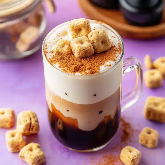 A warm Teddy Graham latte topped with a honey graham cookie floating on creamy froth, showing cozy cinnamon coffee vibes