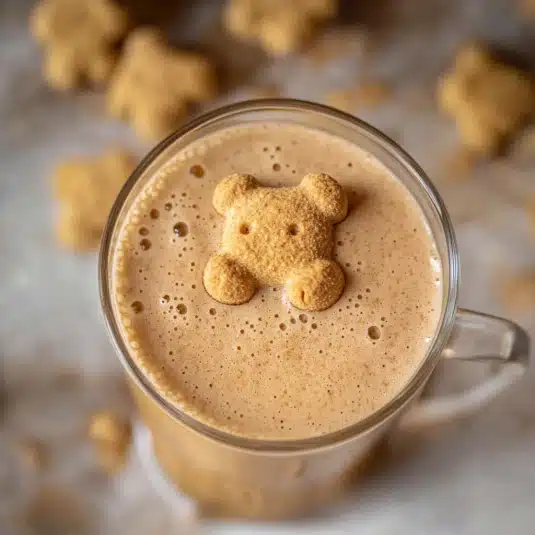 A warm Teddy Graham latte topped with a honey graham cookie floating on creamy froth, showing cozy cinnamon coffee vibes perfect nostalgic fall drink.