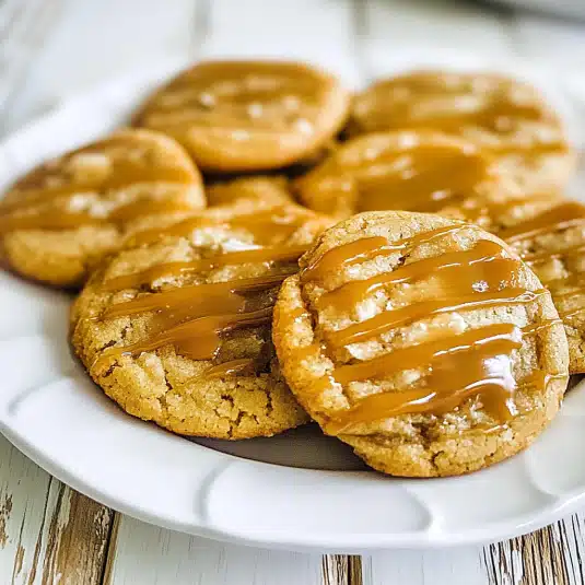 Close-up of chewy caramel cookies drizzled with thick caramel sauce on a white plate