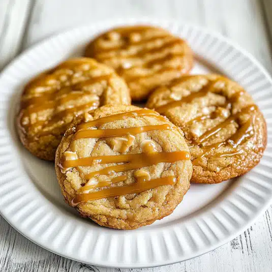caramel cookies drizzled with caramel sauce on a white plate