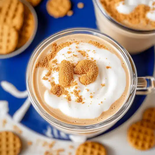 creamy Fluffy Seagull Latte featuring layers of espresso, milk, and marshmallow creme, topped with whipped foam and a cookie