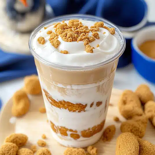 milk, and marshmallow creme, topped with whipped foam and a cookie on a blue plate