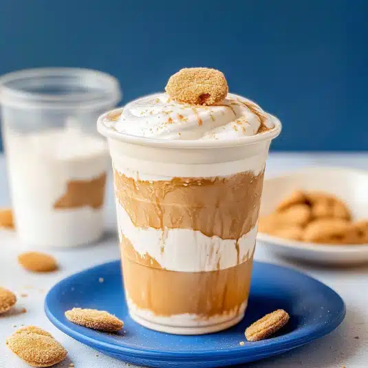 A creamy Fluffy Seagull Latte featuring layers of espresso, milk, and marshmallow creme, topped with whipped foam and a cookie on a blue plate