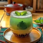 Japanese Mounjaro recipe Detox Drink with Matcha, Kombu, Umeboshi, and Fresh Ginger in a glass, layered green and yellow, topped with mint leaves.
