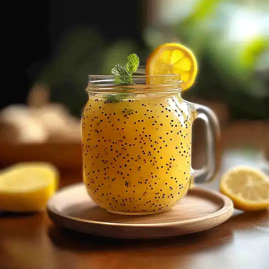 Natural Zepbound recipe beverage featuring chia seeds, lemon juice, and mint leaves for detox and hydration.