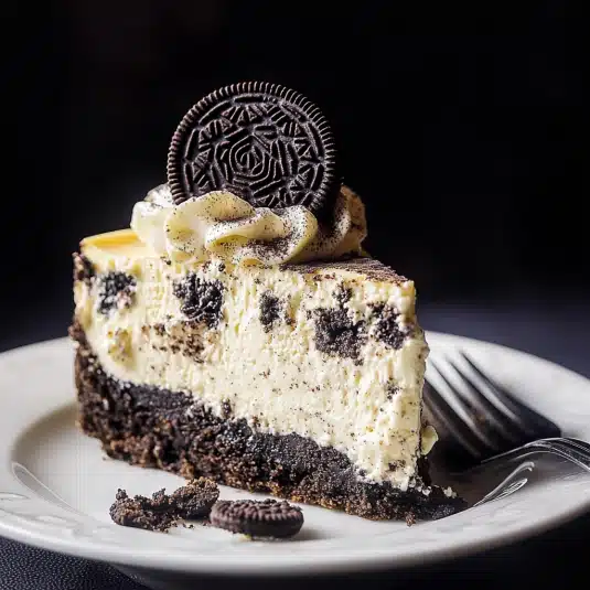 Slice of creamy Oreo cheesecake with chocolate cookie crust, whipped cream topping, and Oreo cookie garnish on a white plate.