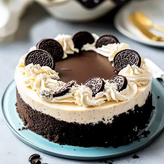 Whole baked Oreo cheesecake topped with whipped cream swirls, chocolate ganache, and Oreo cookie halves on a blue plate