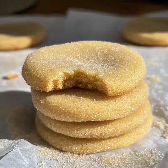 Stack of soft and chewy brown butter sugar cookies coated in sugar, with the top cookie showing a bite taken out.