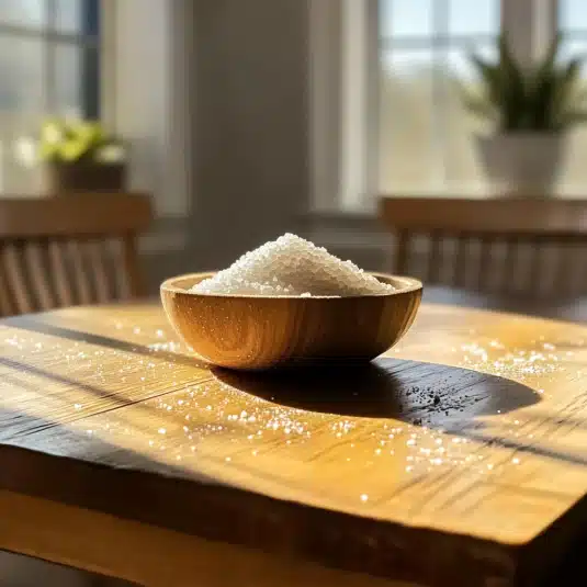 A wooden bowl filled with coarse Celtic sea salt on a sunlit wooden table, perfect for illustrating natural mineral salt benefits and hydration rituals.