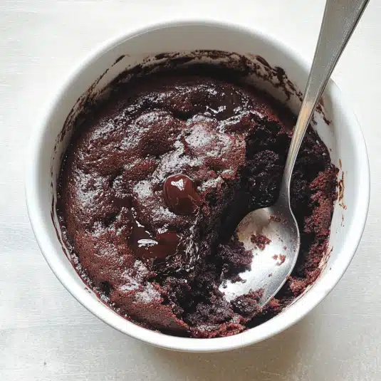chocolate pudding cake with a soft, fudgy sauce layer, served warm in a white ramekin with a spoon the perfect self-saucing dessert.