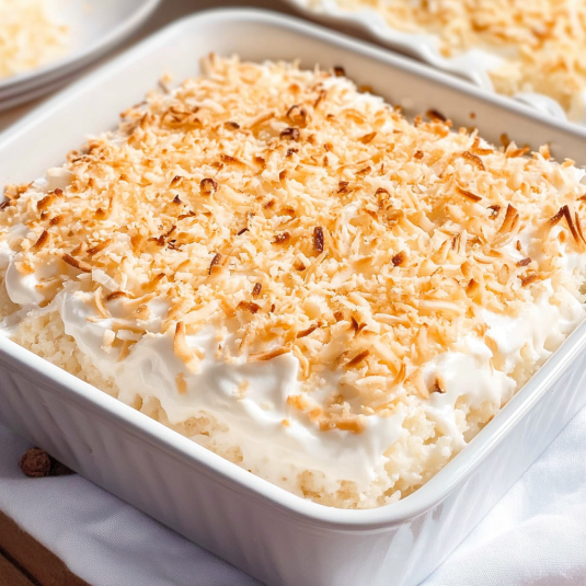 A slice of coconut poke cake topped with whipped cream and toasted coconut flakes on a white plate.