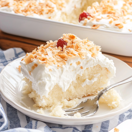 coconut poke cake topped with whipped cream and toasted coconut flakes on a white plate.