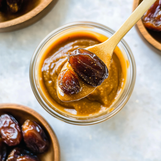 Homemade date caramel in a glass jar topped with a whole date, surrounded by fresh dates on a light background