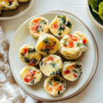 Egg white bites with spinach, roasted red peppers, and cheese arranged on a white plate.