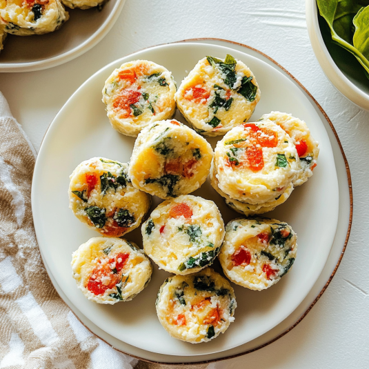 Egg white bites with spinach, roasted red peppers, and cheese arranged on a white plate.
