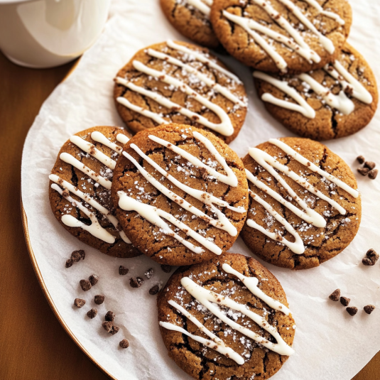 Freshly baked gingerbread latte cookies with crackled tops and a drizzle of creamy coffee icing