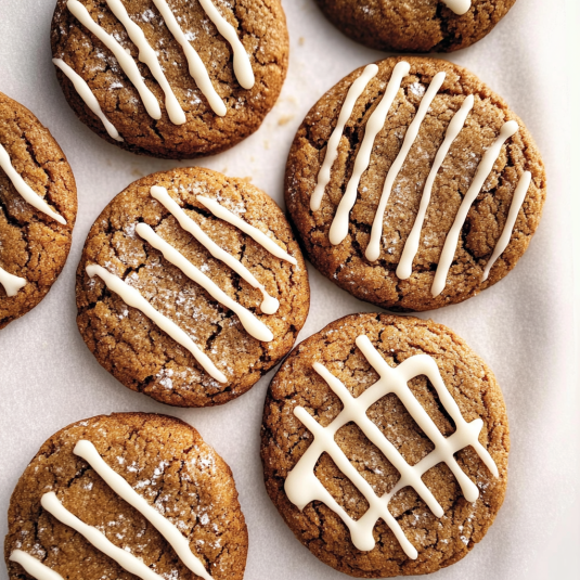 gingerbread latte cookies with crackled tops and a drizzle of creamy coffee icing arranged on parchment paper.