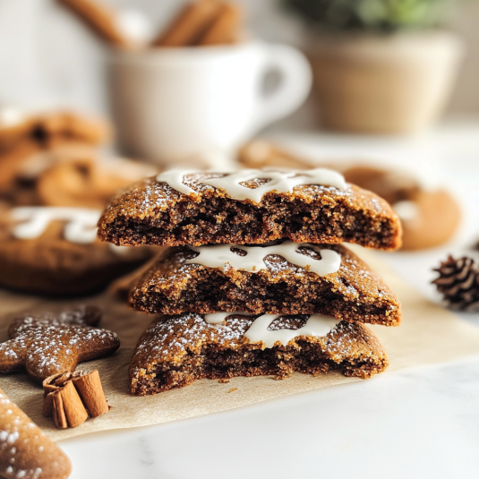 baked gingerbread latte cookies with crackled tops and a drizzle of creamy coffee icing