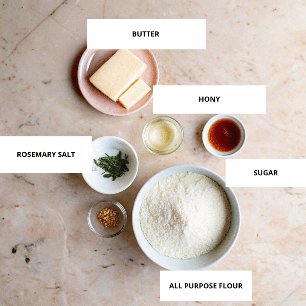 ingredients for rosemary shortbread cookies, including butter, honey, sugar, flour, rosemary salt, and mustard seeds arranged on a light marble surface