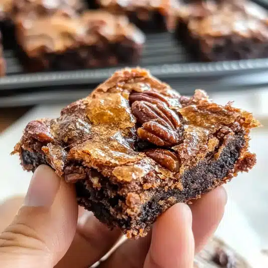 image of fudgy pecan pie brownies topped with whole pecans and caramelized pecan filling, cut into squares and arranged on parchment paper.
