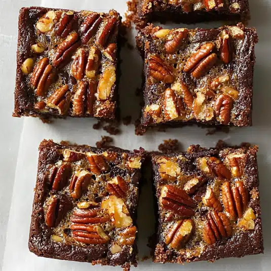 pecan pie brownies topped with whole pecans and caramelized pecan filling, cut into squares and arranged on parchment paper.