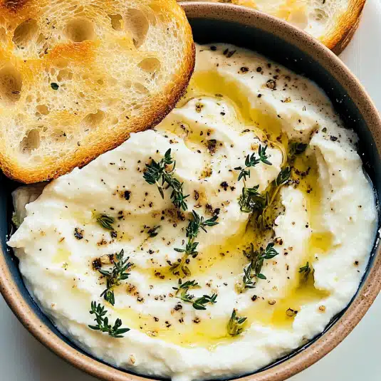 A bowl of creamy whipped ricotta dip drizzled with olive oil and sprinkled with herbs and black pepper