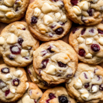 white chocolate cranberry cookies stacked on a plate, showing golden edges, melted white chocolate chips, and vibrant dried cranberries