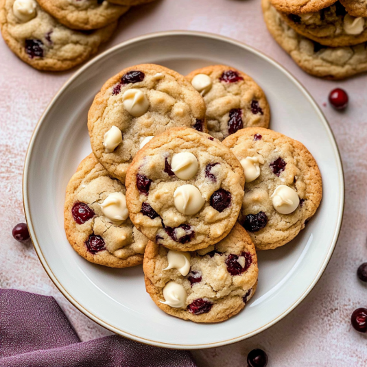 Freshly baked white chocolate cranberry cookies stacked on a plate, showing golden edges, melted white chocolate chips