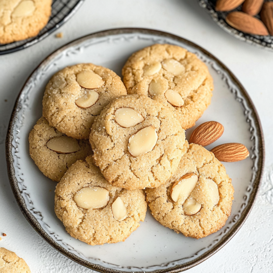 Soft almond cookies made with almond flour, topped with sliced almonds and baked until lightly golden