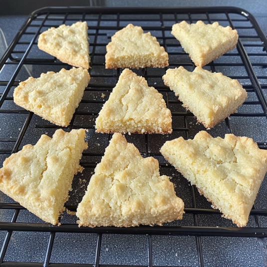 Almond shortbread cookies cut into triangle shapes cooling on a wire rack